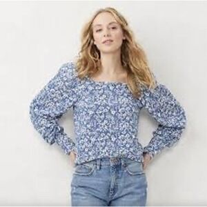 Lauren Conrad Floral Top L Blue Puff Sleeve Square Neck LC Blouse